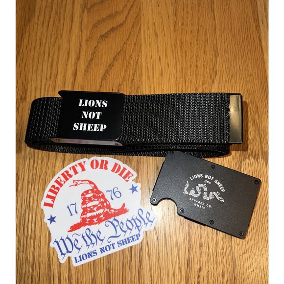 Lions Not Sheep Belt Black Men's One Size‎ Adjustable 51 Inch & Card Holder - Picture 1 of 4